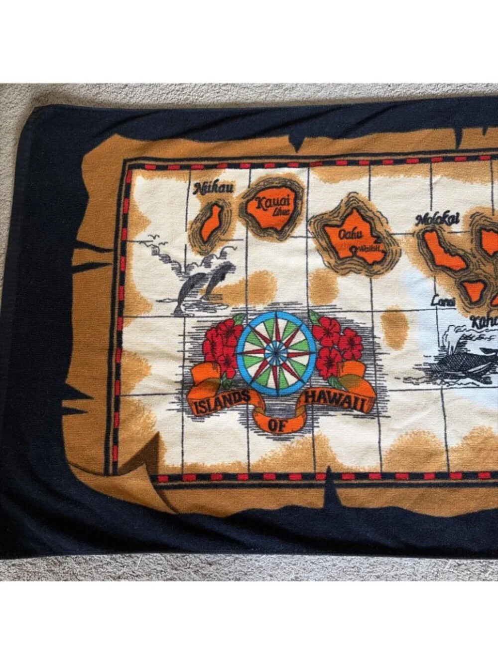 Vintage 90s Islands Of Hawaii Beach Towel Map Hibiscus Colorful Aloha 30X56''